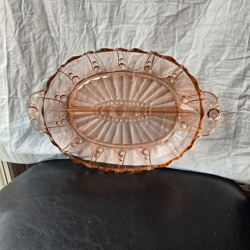 Vintage Hocking Oyster and Pearl Pink Depression Glass Divided Relish Dish 10"